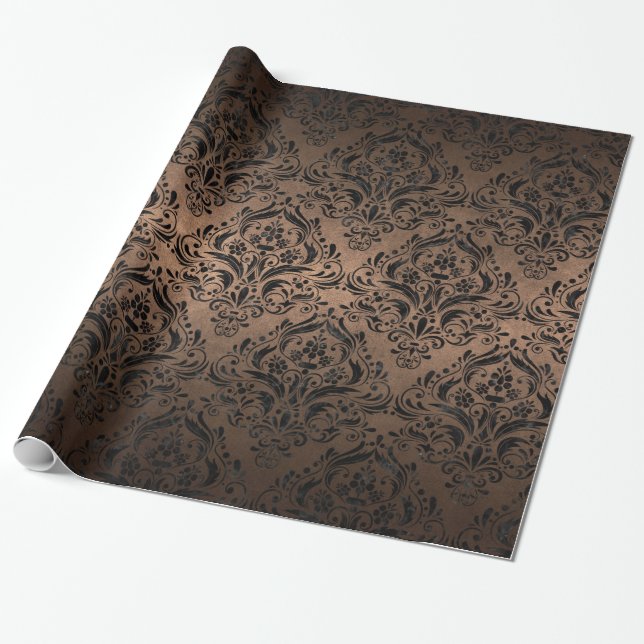 PAPIER CADEAU MÉTAL NOIR DU MARBRE DAMASK1 ET DE BRONZE (R) (Déroulé)
