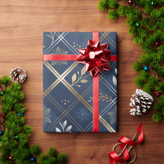 Papier Cadeau Metallic Luxe Navy Plaid Christmas Wrapping Paper (Cadeau de vacances)