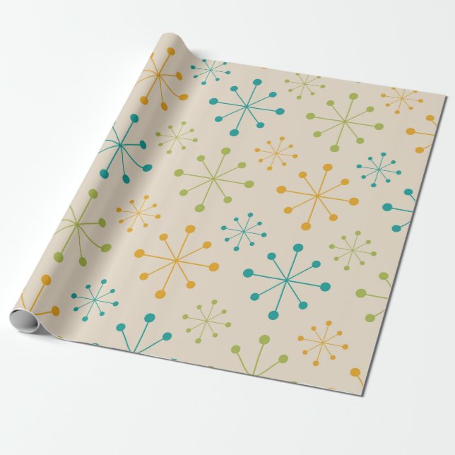 Papier Cadeau Mi-siècle Atomique Starburst Orange Vert Turquoise (Déroulé)