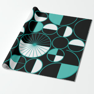 Papier Cadeau Mi-siècle Cercles modernes Moitié Noir Turquoise