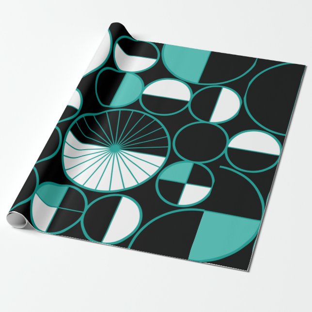 Papier Cadeau Mi-siècle Cercles modernes Moitié Noir Turquoise (Déroulé)