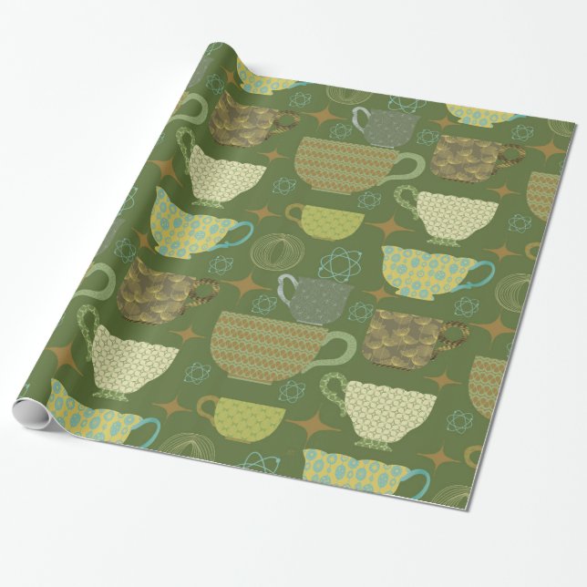 Papier Cadeau Mi-siècle Moderne brillant vert Tea (Déroulé)