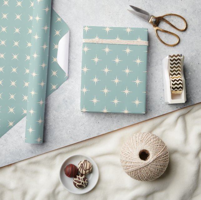 Papier Cadeau Mi-siècle Moderne Rétro Hiver Bleu Étoiles atomiqu (Artisanat)