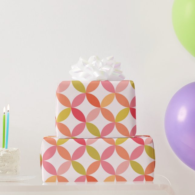 Papier Cadeau Mi-siècle moderne rose rouge orange cercles (Cadeaux de fête)