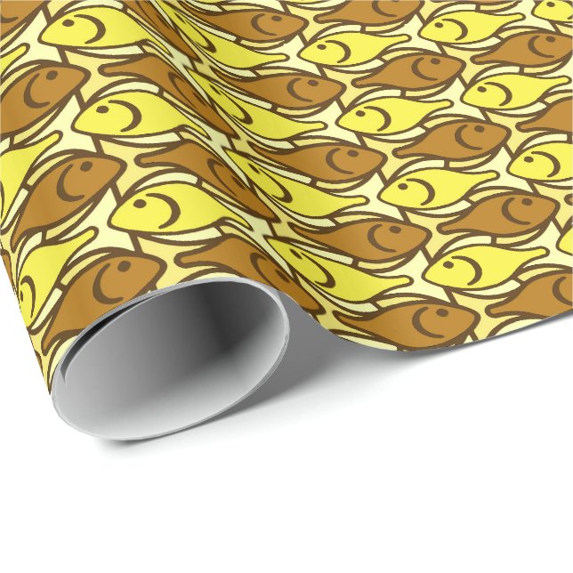 Papier Cadeau Mi-siècle Poisson moderne, or et brun (Coin rond)