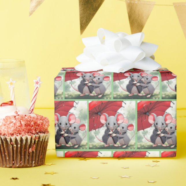 Papier Cadeau Mice sous un parapluie rouge (Fête d'anniversaire)