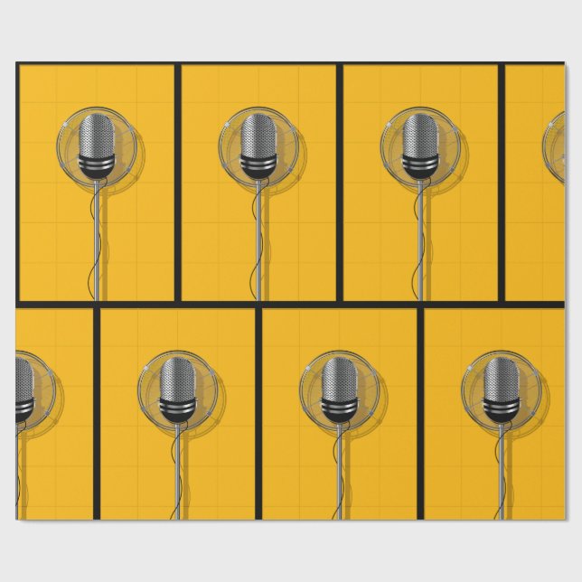 Papier Cadeau Microphone Rétro sur Jaune Gras (Plat)