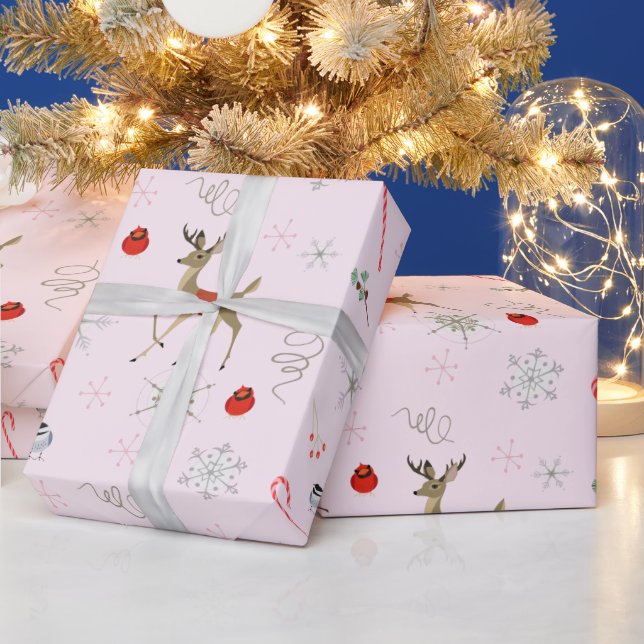 Papier Cadeau Mid Century Modern | mésange et cerf mignon (Vacances)