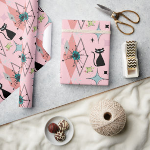 Papier Cadeau Mid Century Moderne Étoiles et Chats Motif rose