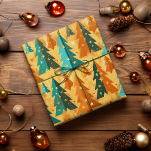 Papier Cadeau Mid Century Moderne Rétro Arbres de Noël Cuivre