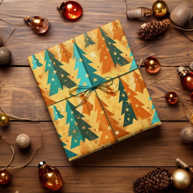 Papier Cadeau Mid Century Moderne Rétro Arbres de Noël Cuivre (Retro mid century modern christmas tree wrapping paper in copper and teal jewel tones.)