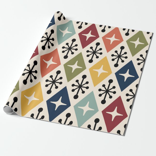 Papier Cadeau Mid Century Moderne Rétro Motif Starburst (Déroulé)