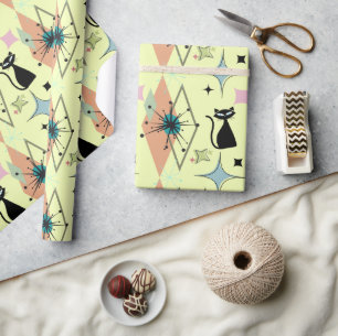 Papier Cadeau Mid Century Moderne Stars and Cats Motif Cream