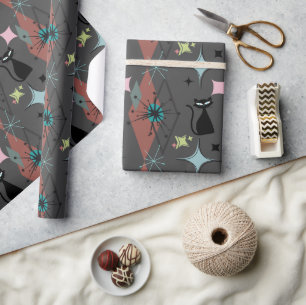 Papier Cadeau Mid Century Moderne Stations et Chats Motif Grey