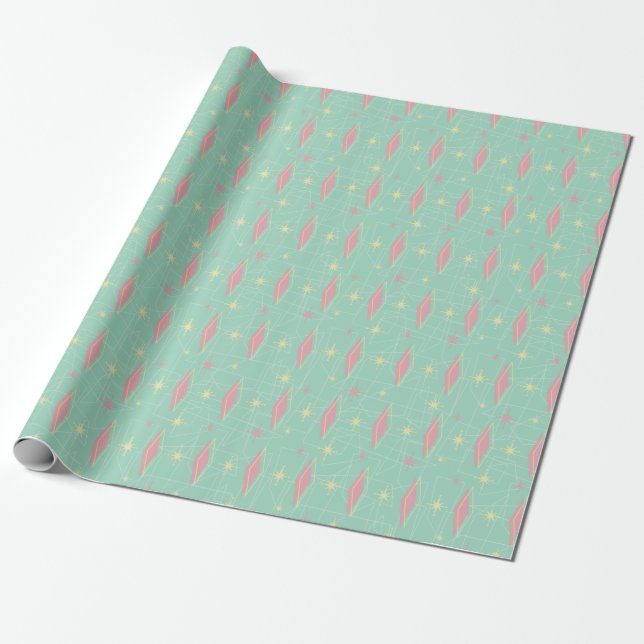 Papier Cadeau Mid Century Moderne Vert et rose Motif (Déroulé)