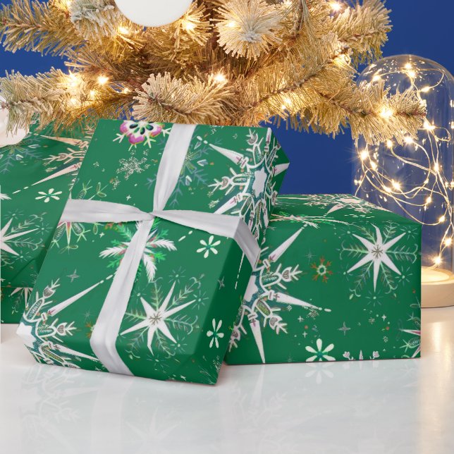 Papier Cadeau Mid-Century Snowflakes Galore On Green (Vacances)