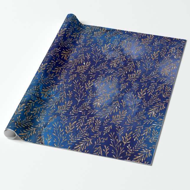 Papier Cadeau Midnight Blue Gold Leaf Élégant Effet (Déroulé)