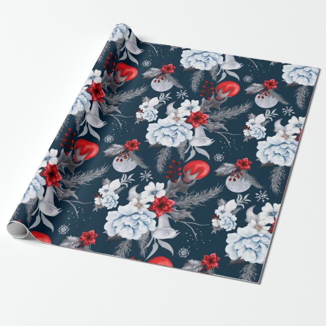 Papier Cadeau Midnight Blue Red Silver Grey Foliver Holiday (Déroulé)