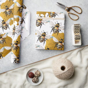 Papier Cadeau Miel D'or Abeilles à Miel
