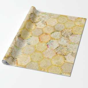 Papier Cadeau Miel Floral Honeycomb Parties scintillant d'or