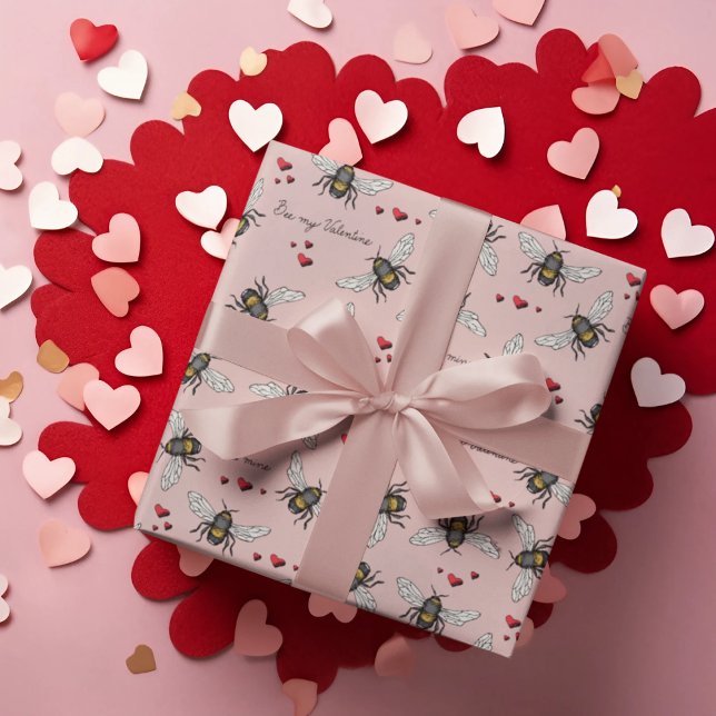 Papier Cadeau Mienne d'abeilles rose rousse / Soyez mes abeilles (Adorable & Trendy Honeybee Valentine's Day Wrapping Paper in Blush Pink. "Bee Mine/Bee My Valentine")