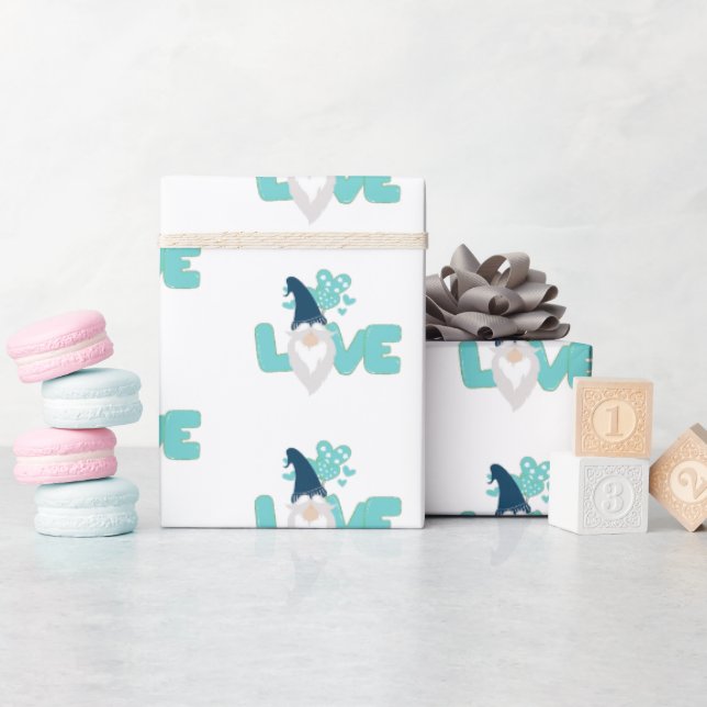 Papier Cadeau Mignon amour Valentines Jour Gnome Turquoise Bleu  (Baby Shower)