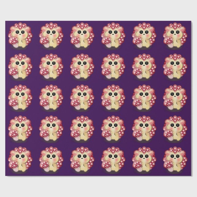 Papier Cadeau Mignon Art de Champignon Rouge Kawaii Hérisson (Plat)