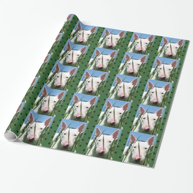 Papier Cadeau Mignon Bull Terrier Anglais #4 (Vert foncé) (Déroulé)