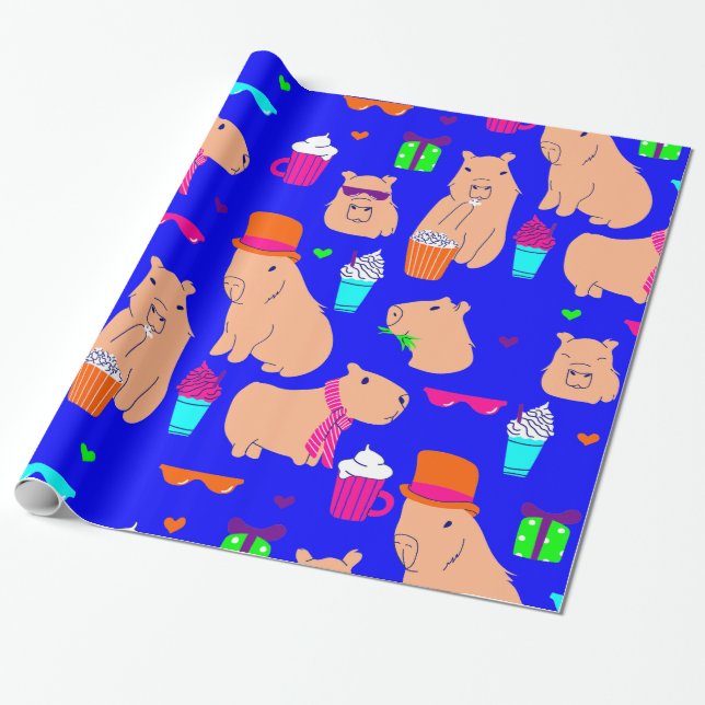 Papier Cadeau mignon capybara drôle animal bleu (Déroulé)