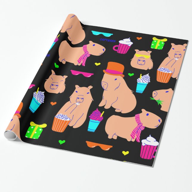 Papier Cadeau mignon capybara drôle animal noir (Déroulé)