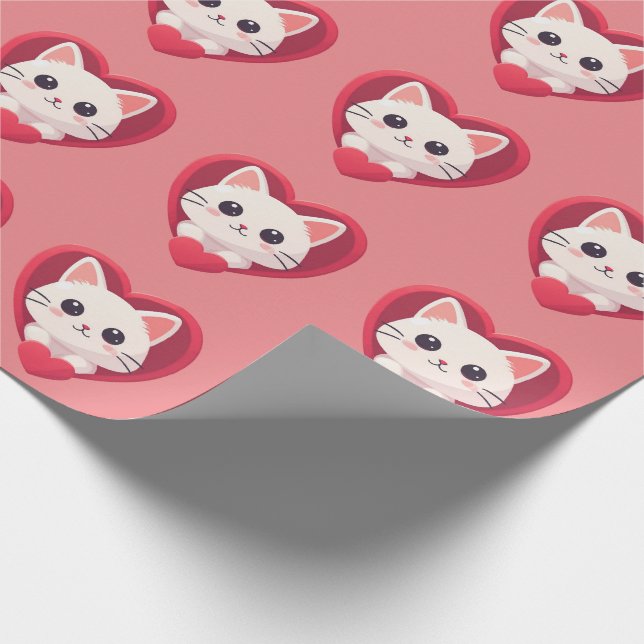 Papier Cadeau Mignon Chat Blanc avec Design de Kawaii Kitty Love (Coin)