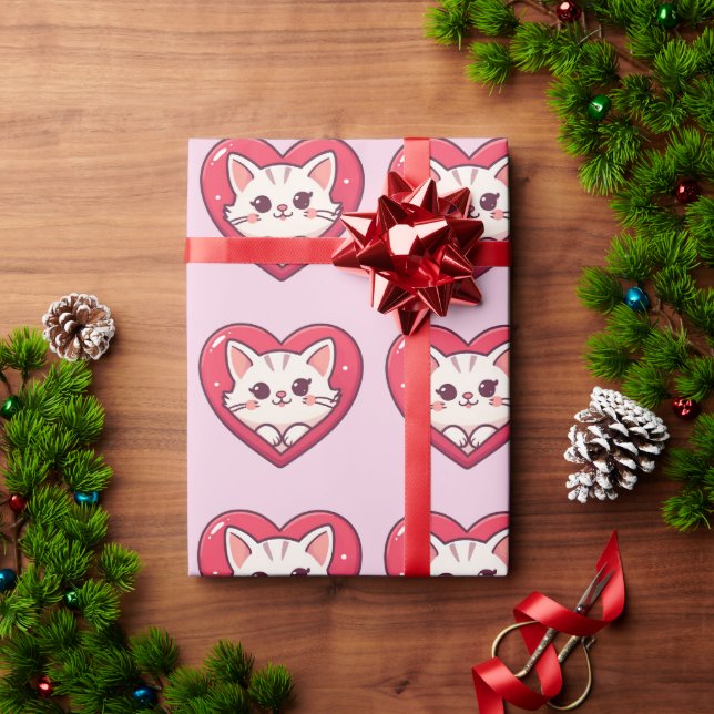 Papier Cadeau Mignon Chat Blanc avec Design Kawaii Kitty Love (Cadeau de vacances)