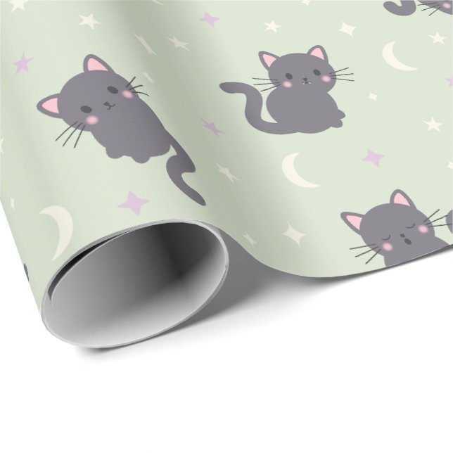 Papier Cadeau Mignon Chat Gris Sauge (Coin rond)