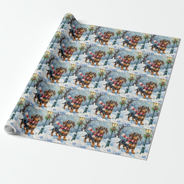 Papier Cadeau Mignon chiot teckel écharpe d'hiver confortable ar (Déroulé)