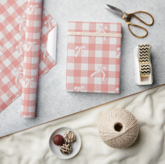 Papier Cadeau Mignon damier rose et noeuds