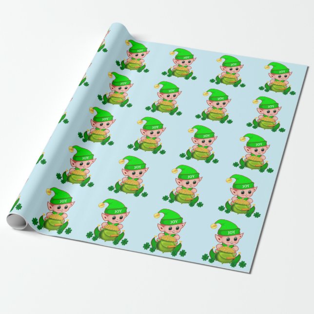 Papier Cadeau Mignon elfe vert avec un pot d'or sur fond bleu cl (Déroulé)