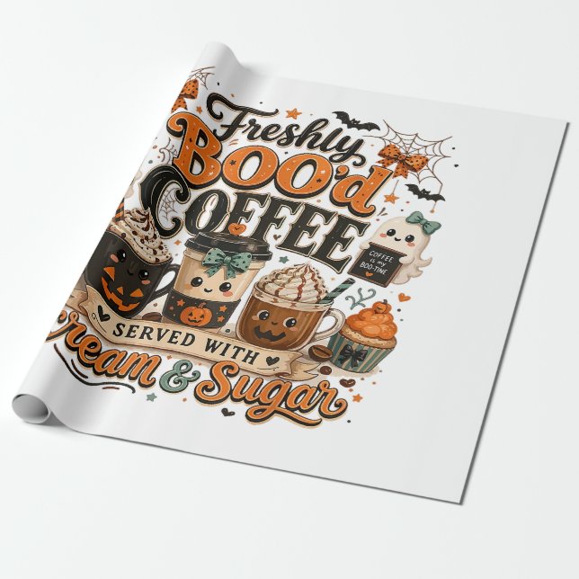 Papier Cadeau Mignon Fantôme Effrayant Amateur de Café Halloween (Déroulé)