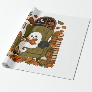 Papier Cadeau Mignon Fantôme Lisant un Livre Chat Noir Automne C