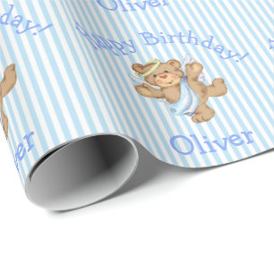 Papier Cadeau Mignon Joyeux Anniversaire Ourson Ange Bébé Garçon