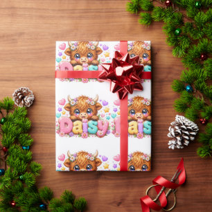 Papier Cadeau Mignon Kawaii Daisy Highland Cow Nom Rose Pastel F