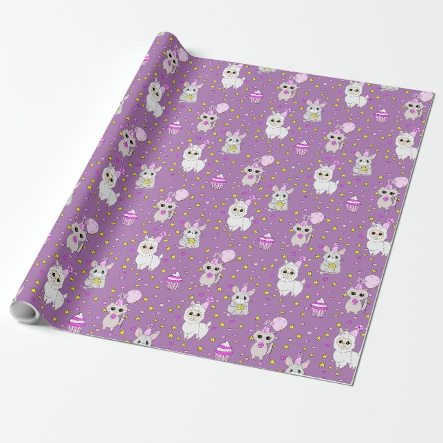 Papier Cadeau Mignon Lama, Chat et Souris Cupcake Violet Fille (Déroulé)