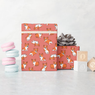 Papier Cadeau mignon motif de corgis de dessin animé sur fond ro