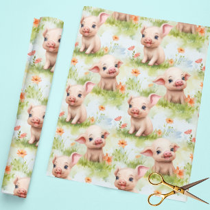 Papier Cadeau Mignon petit cochonnet motif aquarelle d'herbe fle
