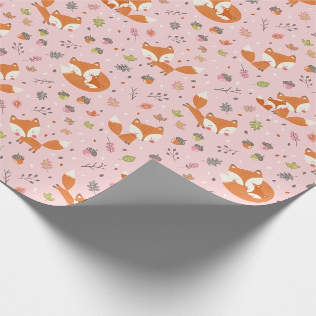 Papier Cadeau Mignon renard maman et bébé sur fond rose clair (Coin)