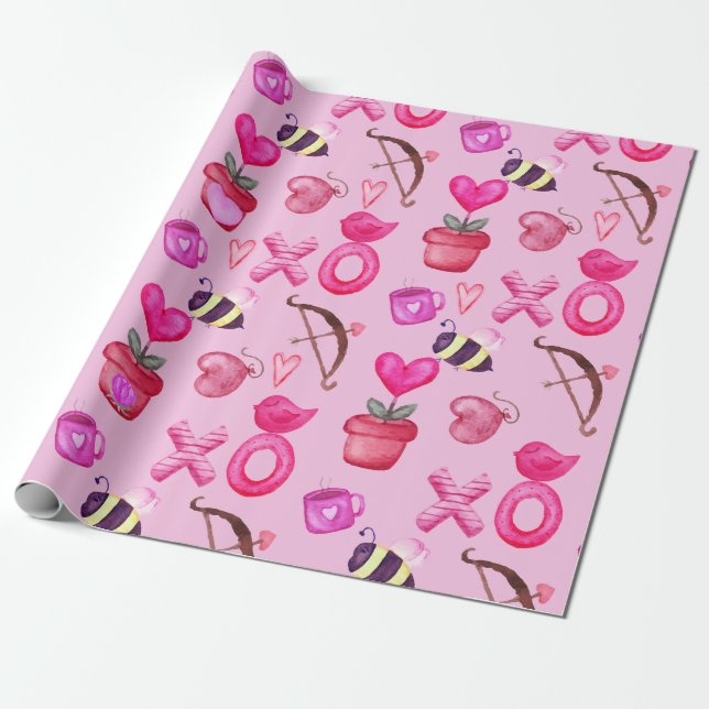 Papier Cadeau Mignon Saint Valentin Collage rose (Déroulé)
