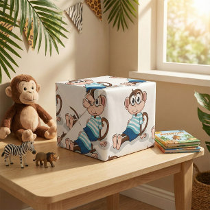 Papier Cadeau Mignon singe en chemise rayée bleue et short