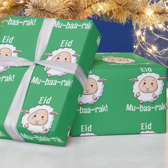 Papier Cadeau Mignonne "Aïd Moubarak" Mouton Drôle Enfants Vert (Fun spring green "Eid Mubarak" sheep wrapping paper. Great for kids!)