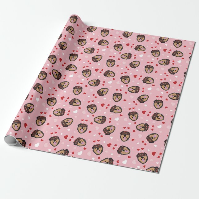 Papier Cadeau Mignonne amour chien rose rouge (Déroulé)