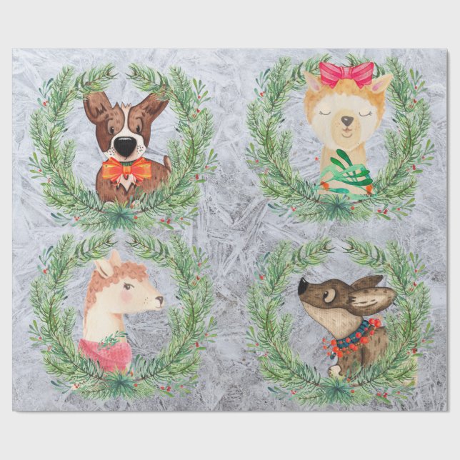 Papier Cadeau Mignonne, amusante Llama & Chien Serres de Noël (Plat)