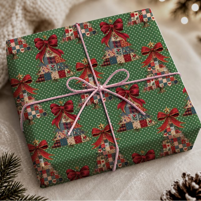 Papier Cadeau Mignonne Coquette Verte Patchwork Points Noël (Créateur téléchargé)